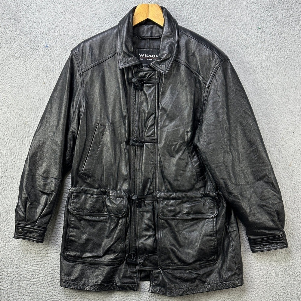 Wilson Mens Medium Jacket Leather Black Full Zip Inside Pocket Duffle Coat EUC